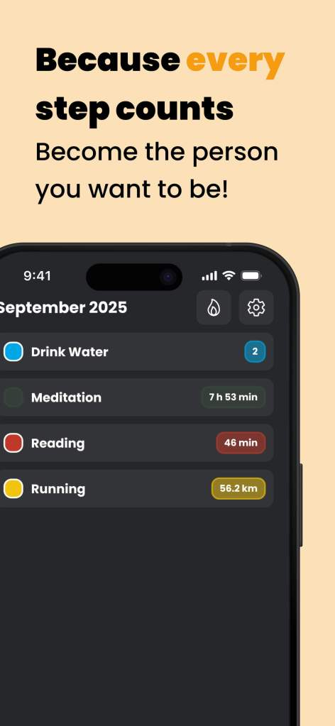 Interface of the Nexter Habit Tracker showing the habit overview and the Text "Because every step counts; Become the Person you want to be!"