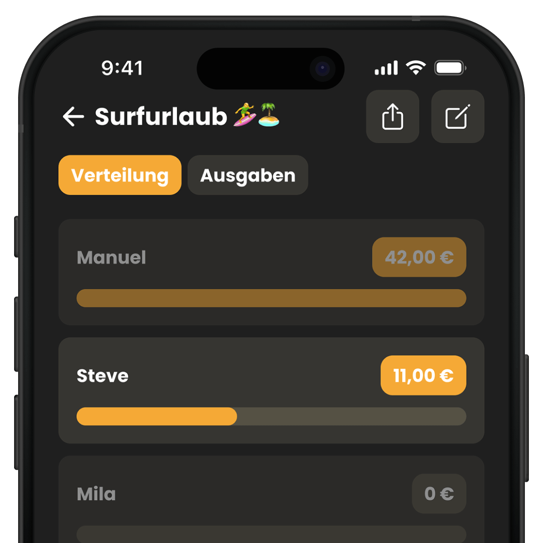 Niffl Mockup von einem Surfurlaub mit Verteilung der Kosten