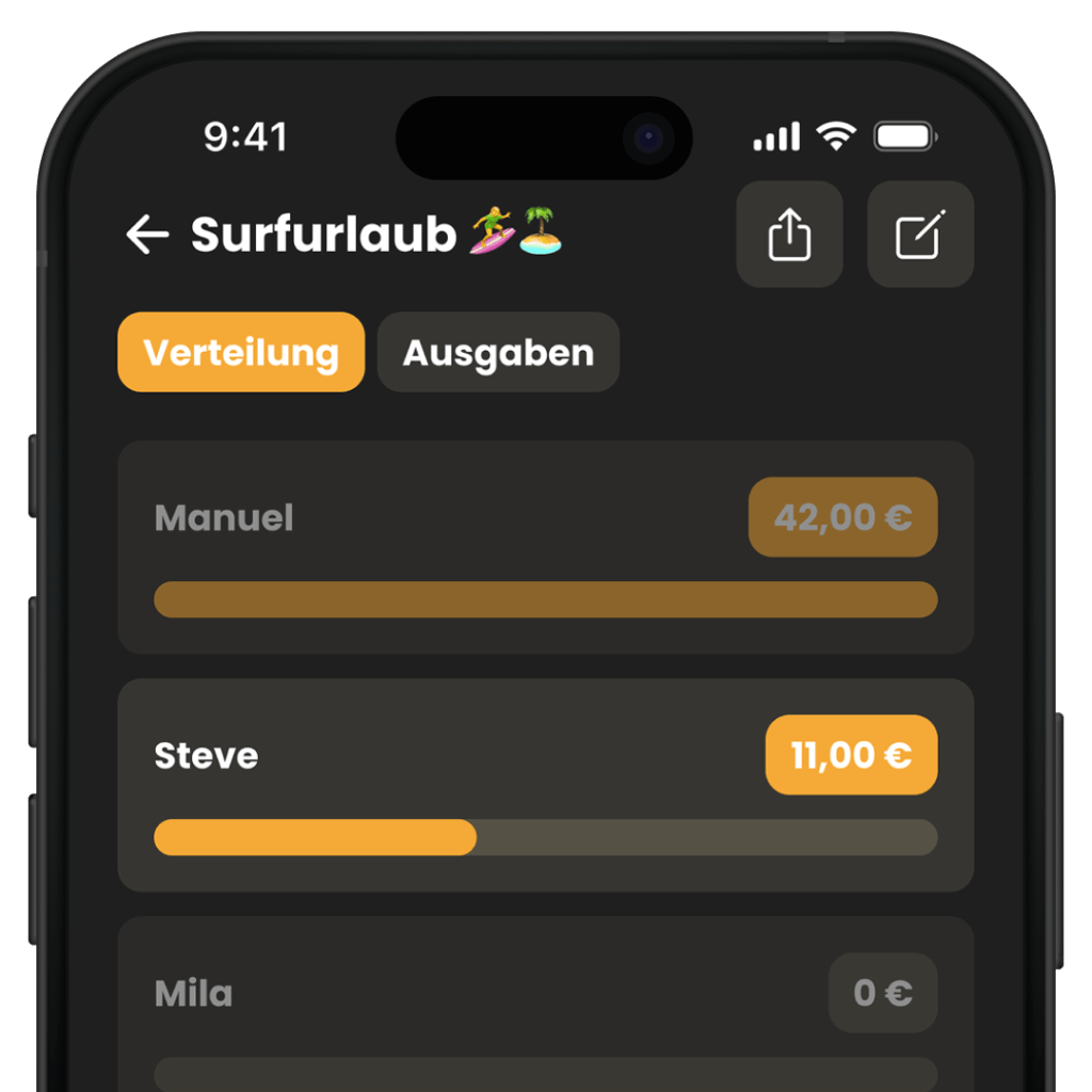 Niffl Mockup von einem Surfurlaub mit Verteilung der Kosten