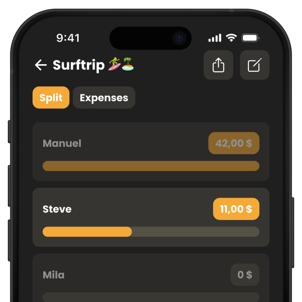 Niffl mockup of a surfing holiday with the split of the costs