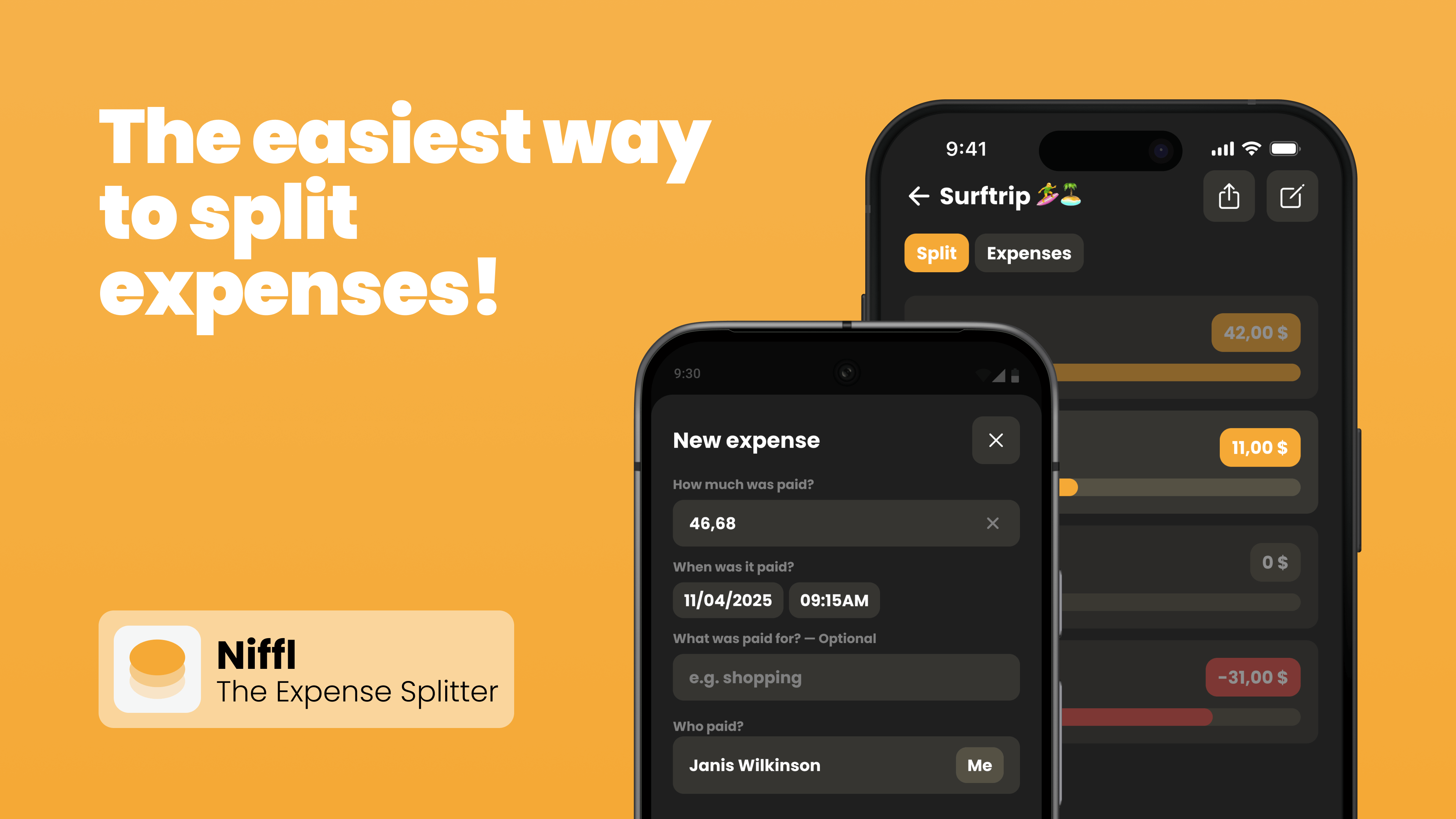 User interface of the expense-splitting app Niffl with group expenses and cost sharing