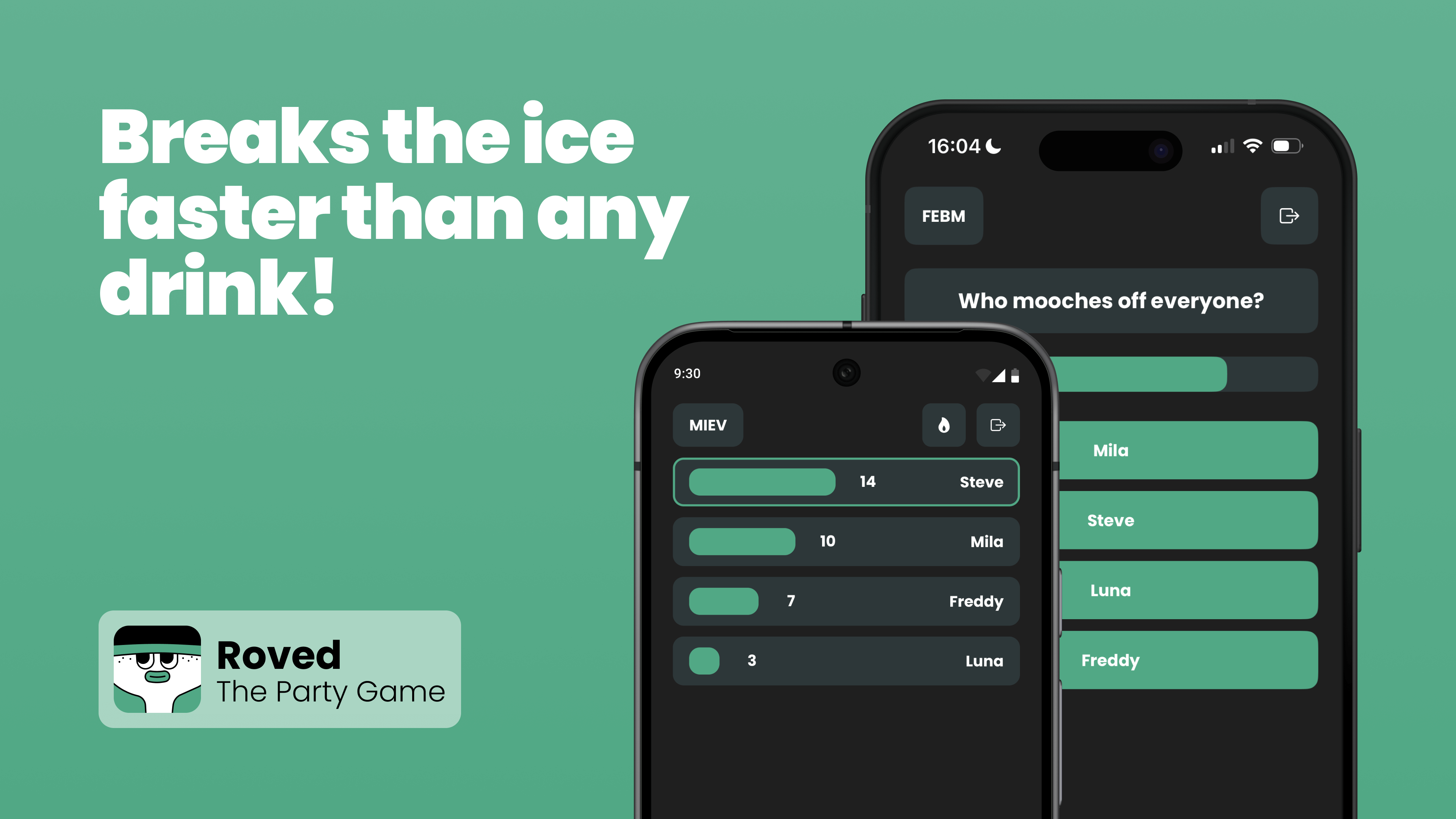 Smartphone view of the party game app Roved with a vote and player results