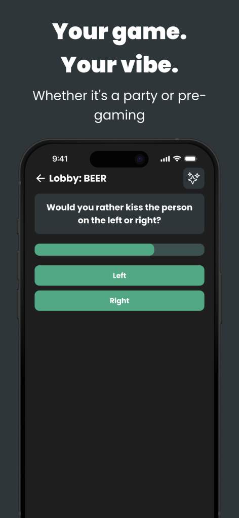 Smartphone view of the Roved party game app showing a decision question with answer options