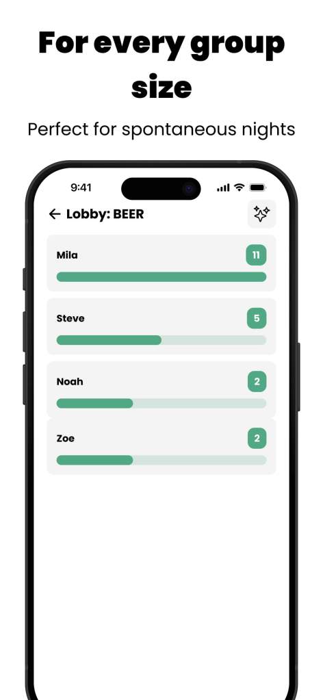 User interface of the Roved party game app while creating a game lobby