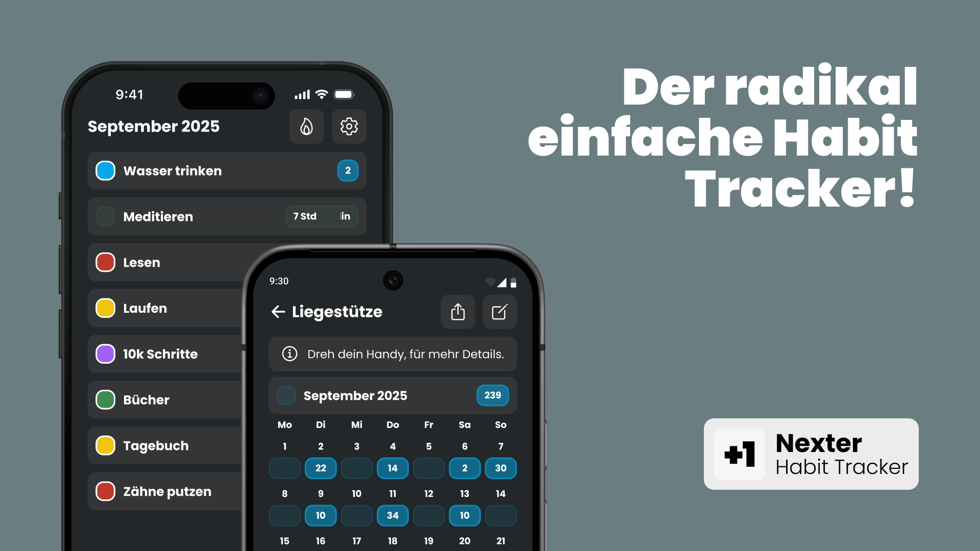 Benutzeroberfläche der Habit-Tracker-App Nexter mit Aufgabenliste und Monatsübersicht