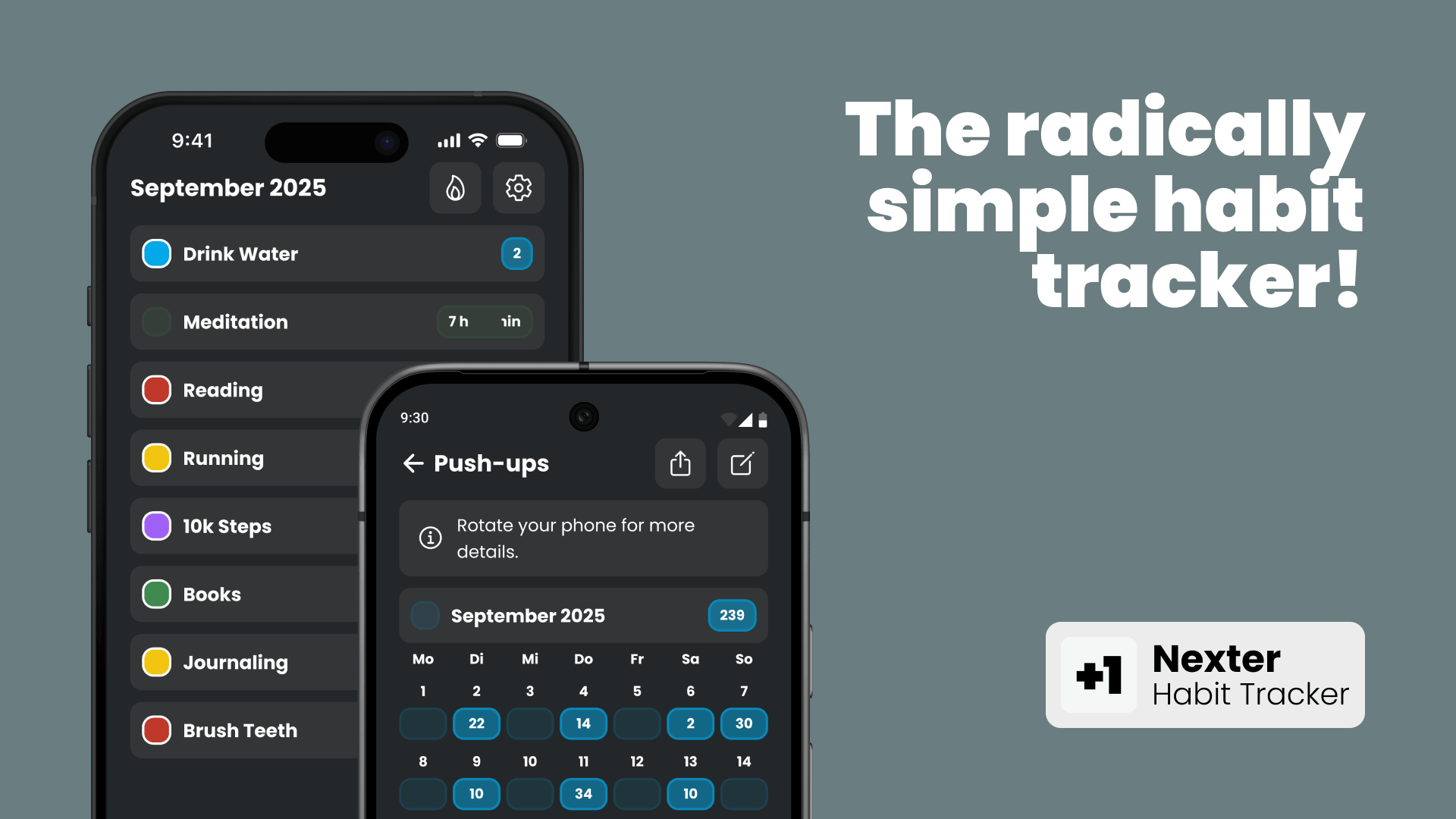 User interface of the habit tracker app Nexter with a task list and monthly overview
