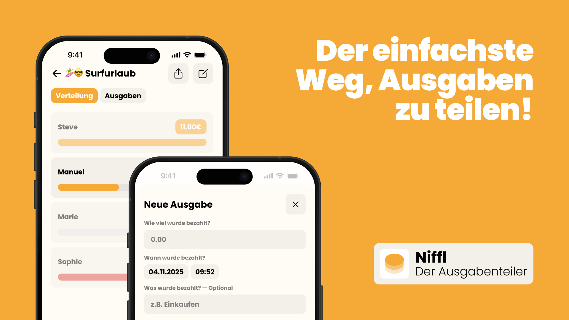 Benutzeroberfläche der Ausgabenteiler-App Niffl mit Gruppenausgaben und Kostenaufteilung