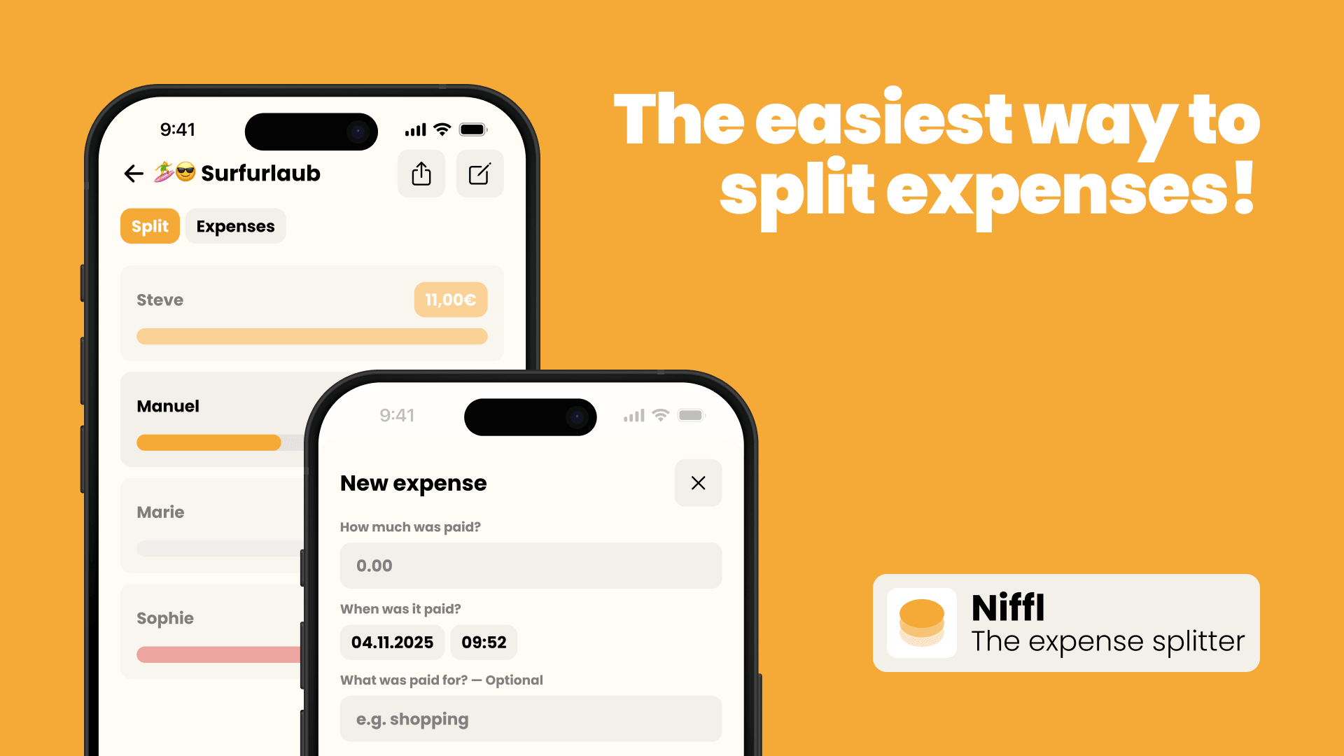 User interface of the expense-splitting app Niffl with group expenses and cost sharing