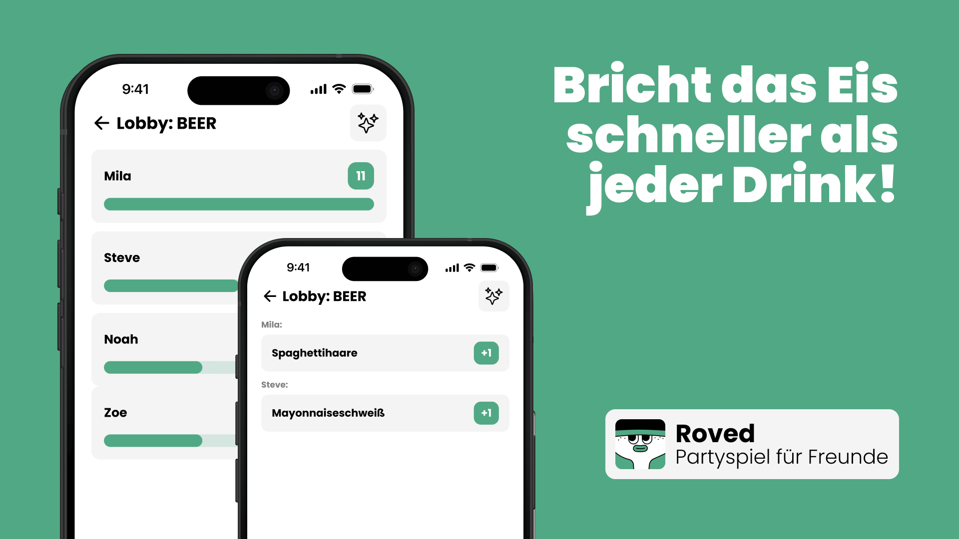 Smartphone-Ansicht der Partyspiel-App Roved mit einer Abstimmung und Spielergebnissen