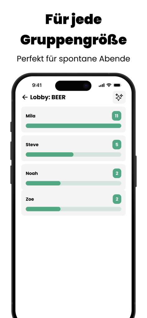 Benutzeroberfläche der Partyspiel-App Roved beim Erstellen einer Spiel-Lobby