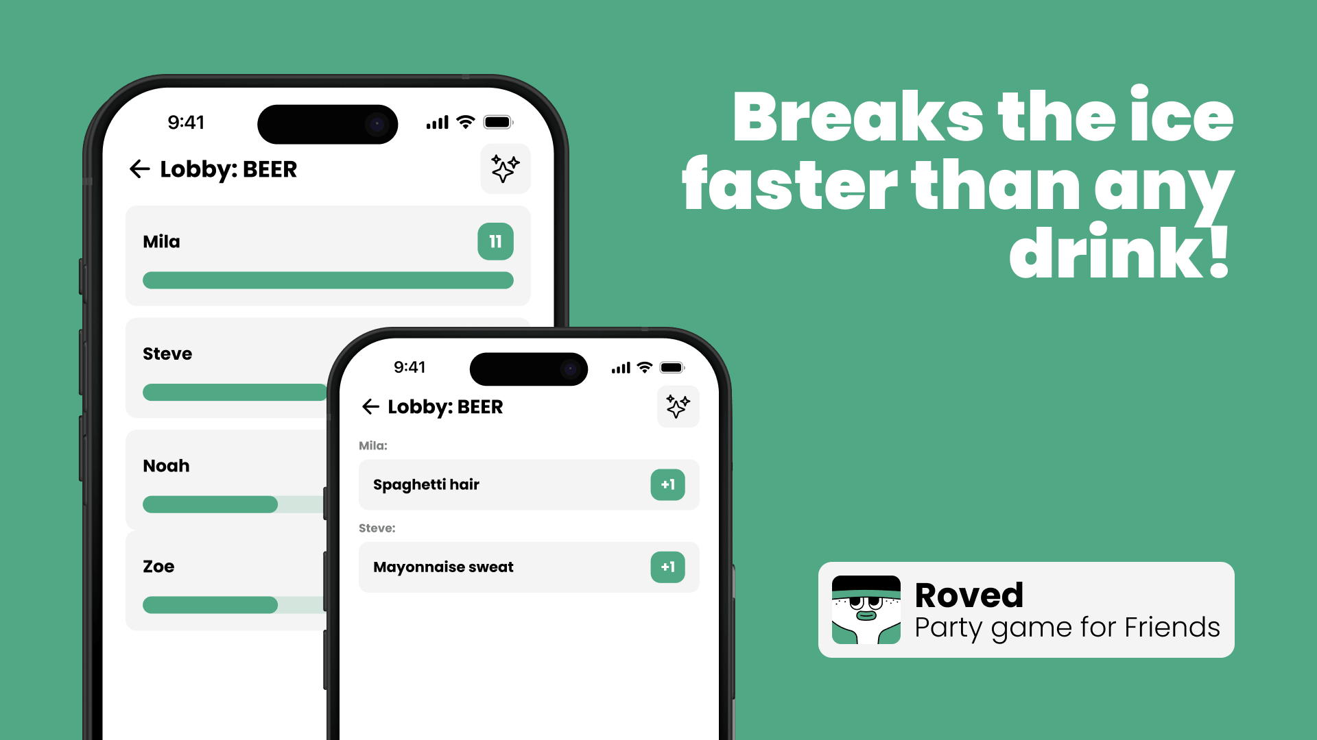 Smartphone view of the party game app Roved with a vote and player results
