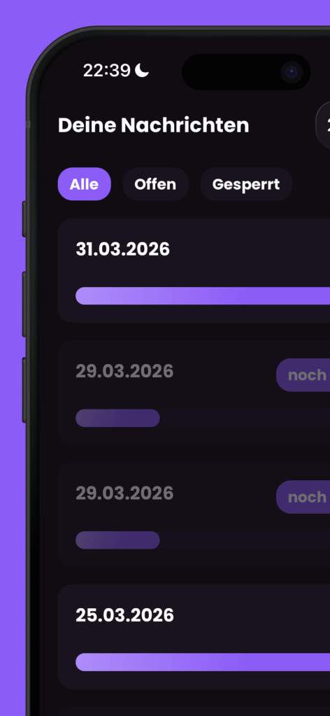 Schreibe Briefe an dein zukünftiges Ich mit Capsy. Die App zeigt dir alle Nachrichten übersichtlich nach Datum und Status – privat, sicher und emotional.