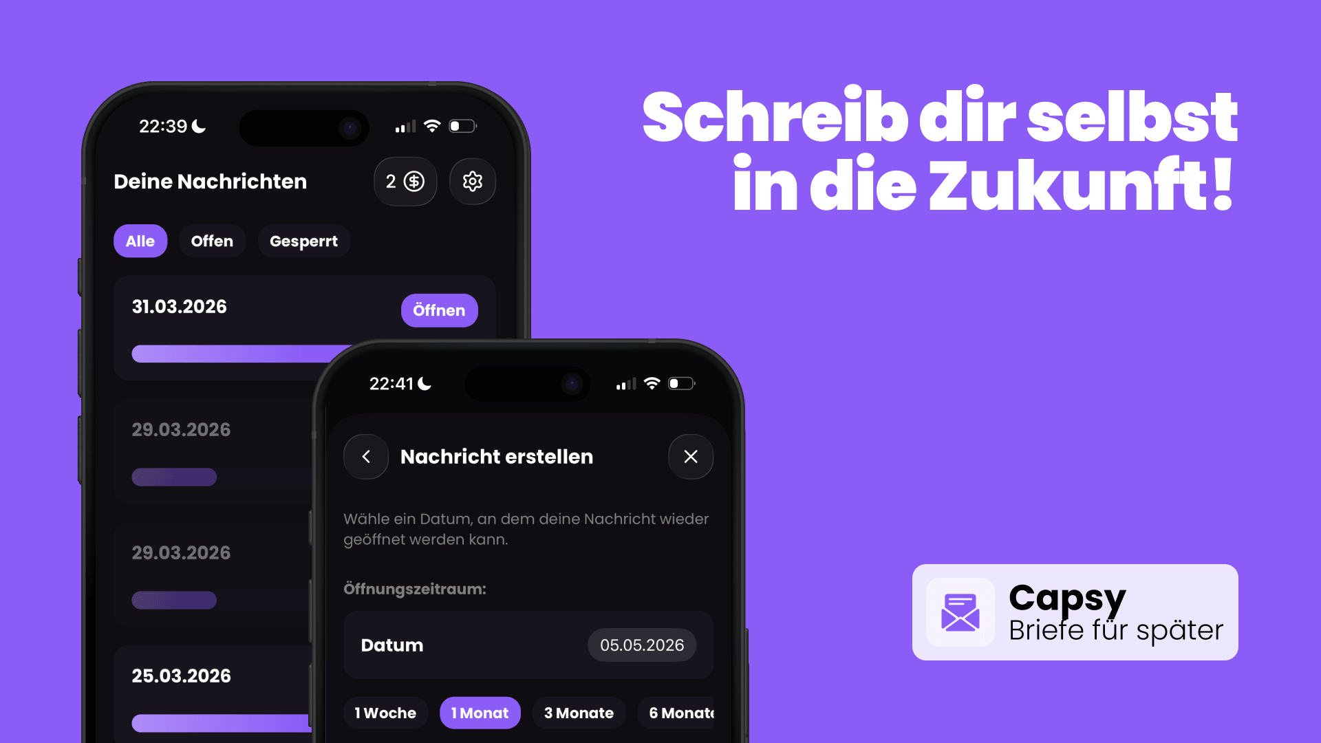 Capsy App mit Nachrichtenübersicht und Editor – schreibe dir selbst Briefe für die Zukunft