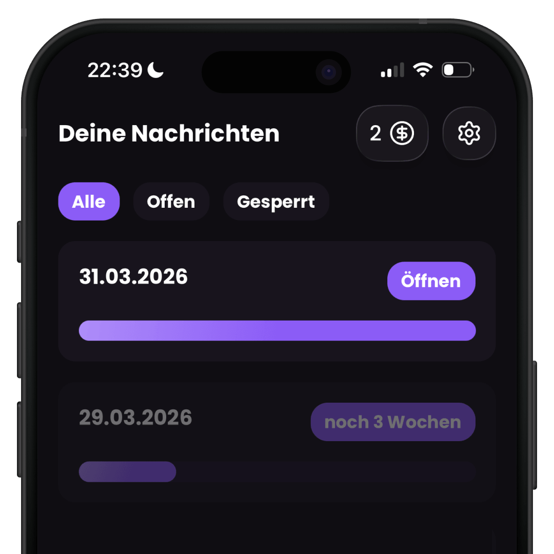 Capsy App zeigt Nachrichtenübersicht mit Datum und Status – Briefe an dein zukünftiges Ich verwalten