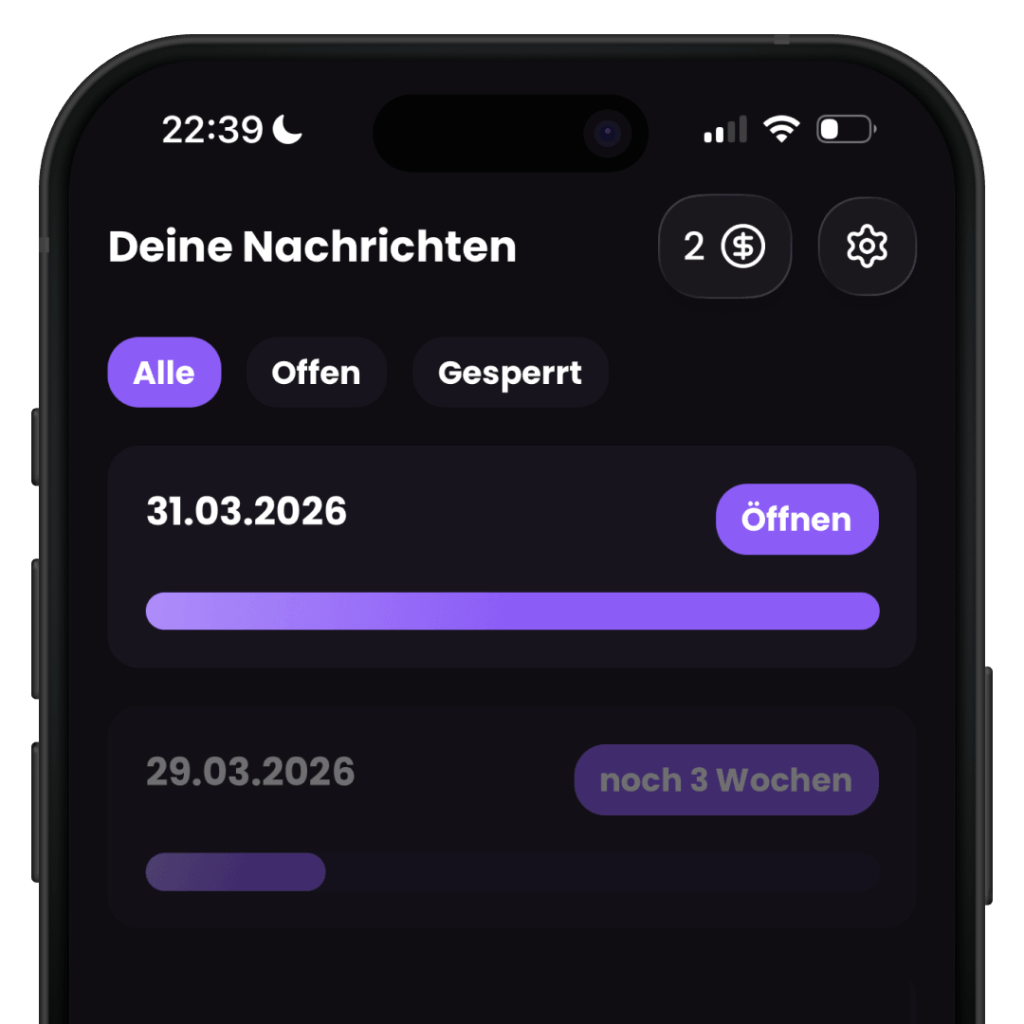 Capsy App zeigt Nachrichtenübersicht mit Datum und Status – Briefe an dein zukünftiges Ich verwalten
