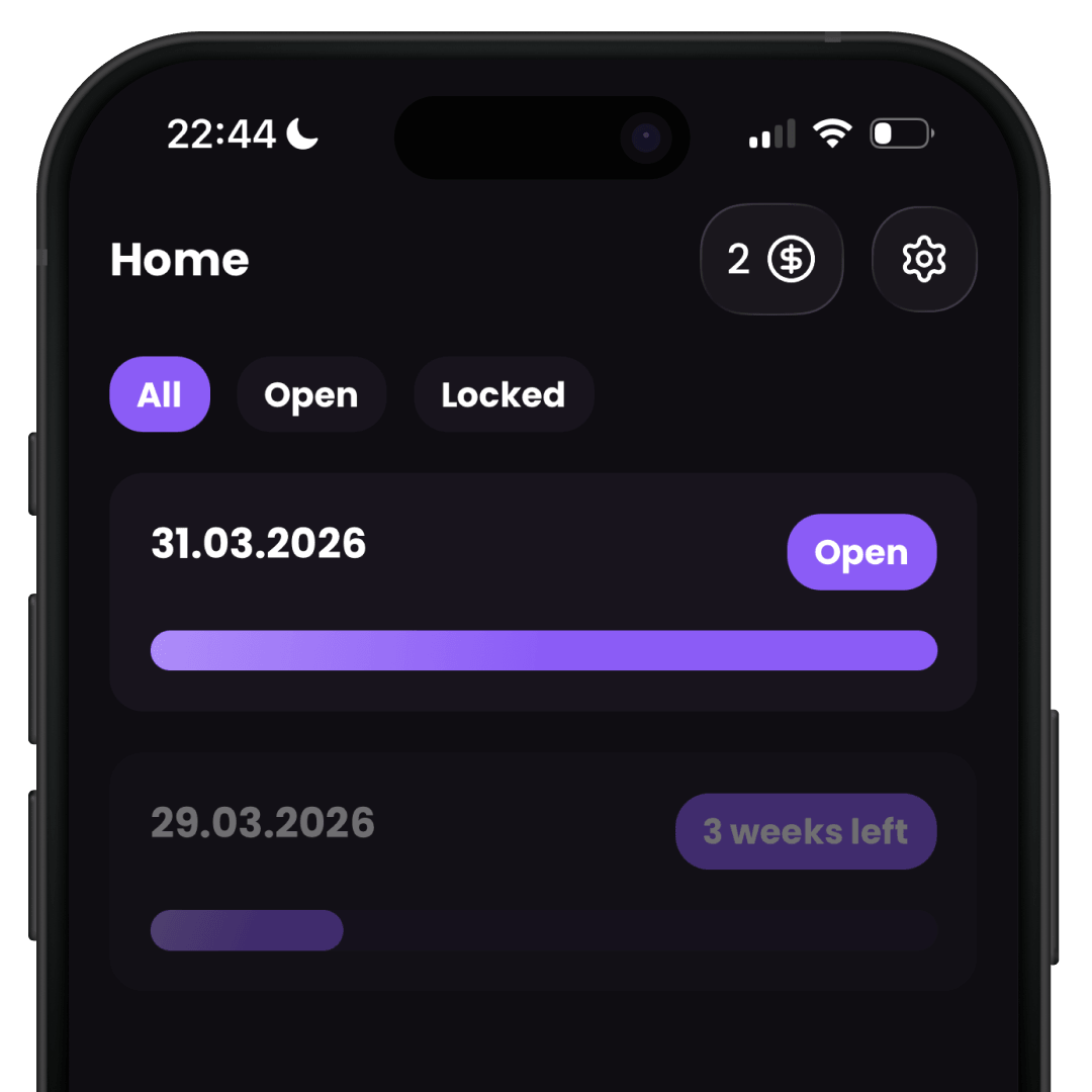 Capsy app showing message overview with dates and status – manage letters to your future self