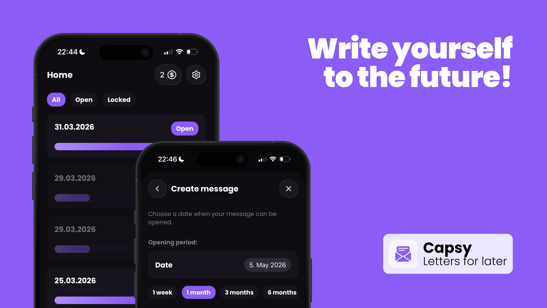Capsy app with message overview and editor – write letters to your future self