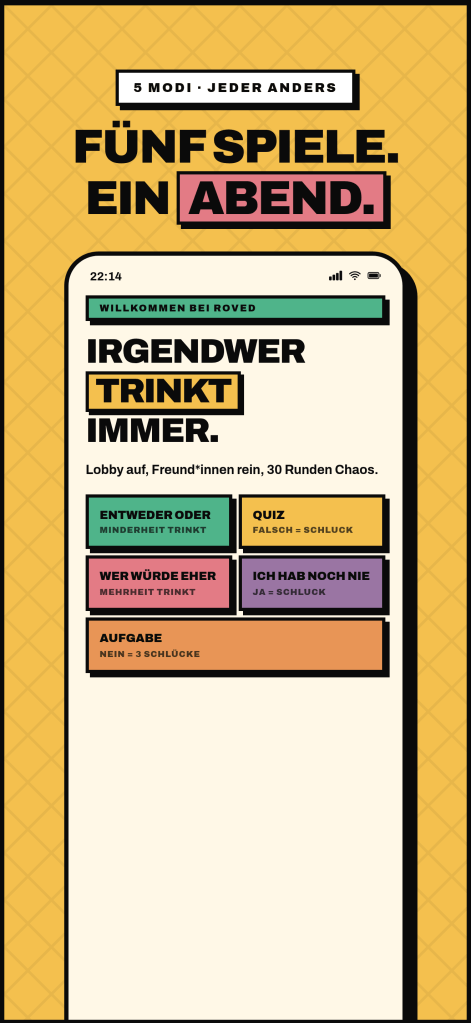 Roved Onboarding: Farbiger Überblick über alle fünf Spielmodi — Entweder Oder, Quiz, Wer würde eher, Ich hab noch nie und Aufgabe. Jeder Modus mit eigener Regel. Marketing-Headline: „Fünf Spiele. Ein Abend.