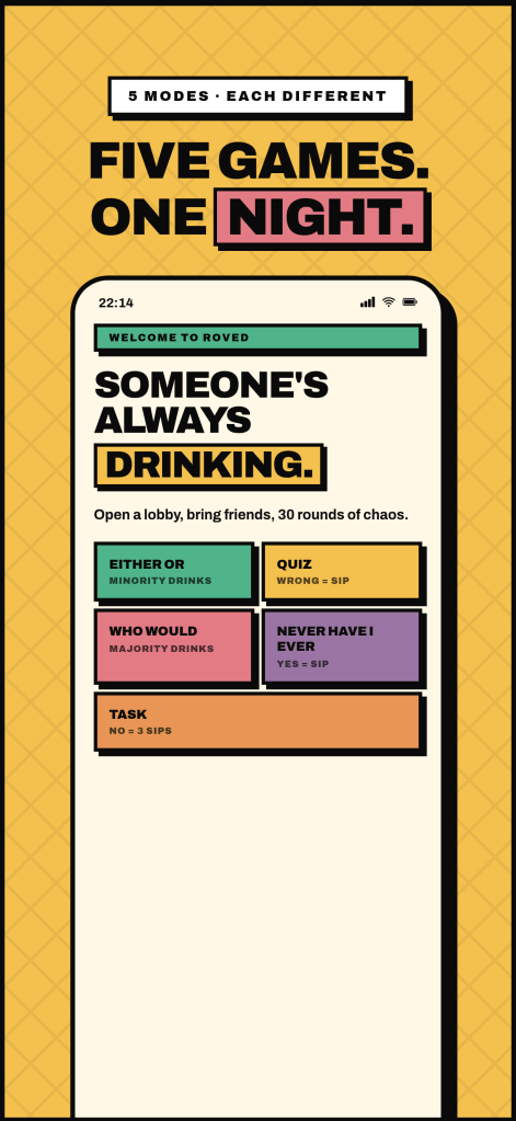 Roved onboarding: a colorful overview of all five game modes — Either or, Quiz, Who would, Never have I ever, and Task. Each mode with its own rule. Marketing headline: "Five Games. One Night."