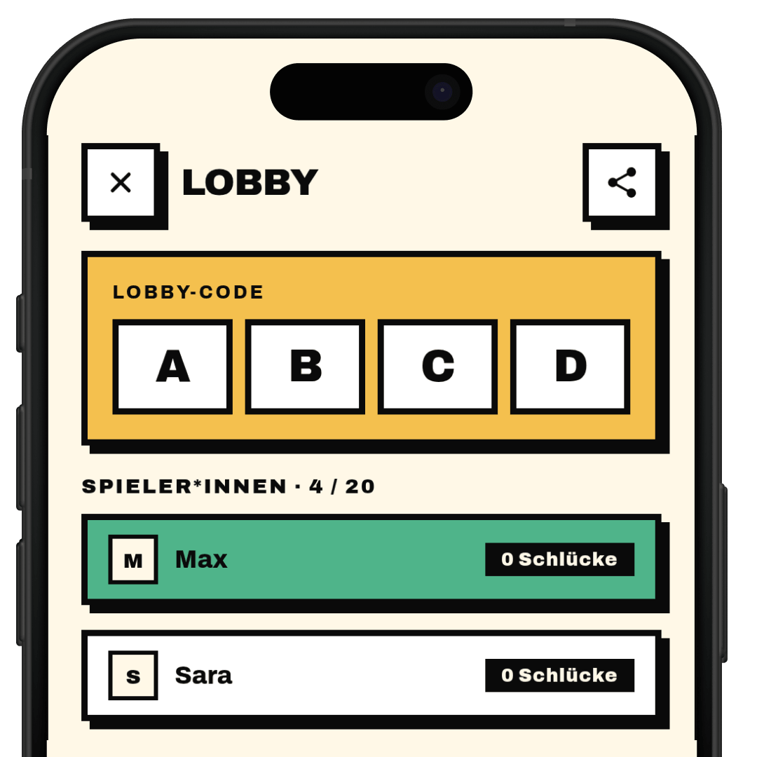 Nahaufnahme vom Roved Lobby-Screen auf einem iPhone. Sichtbar: der Lobby-Code „ABCD" in vier weißen Buchstaben-Boxen auf gelbem Hintergrund. Darunter die Spielerliste mit Max als Host (grün hervorgehoben) und Sara (weiß) — beide mit „0 Schlücke" Stand.