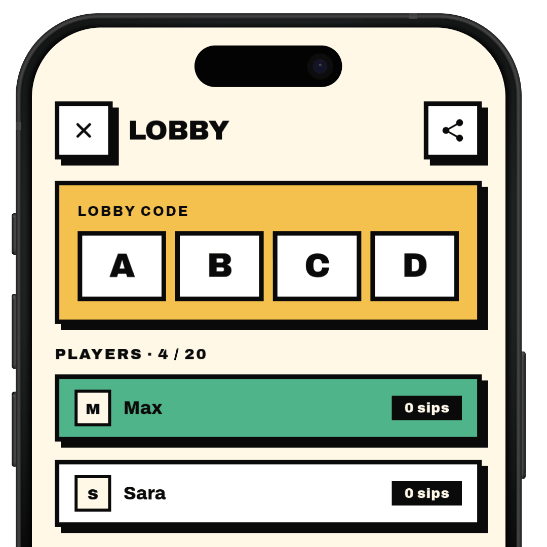 lose-up of the Roved Lobby screen on an iPhone. Visible: the lobby code "ABCD" shown in four white letter tiles on a yellow background. Below it, the player list with Max as host (highlighted green) and Sara (white) — both showing "0 sips".