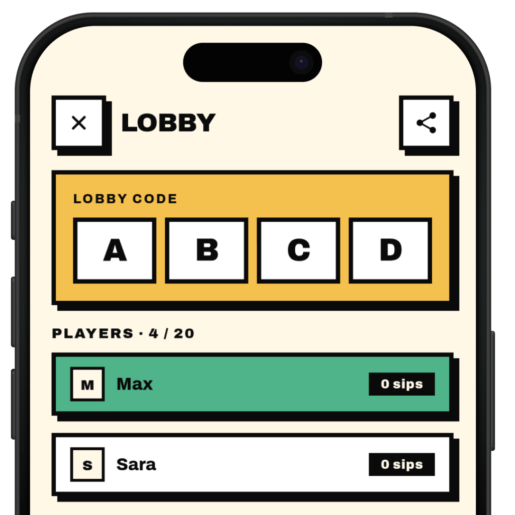 lose-up of the Roved Lobby screen on an iPhone. Visible: the lobby code "ABCD" shown in four white letter tiles on a yellow background. Below it, the player list with Max as host (highlighted green) and Sara (white) — both showing "0 sips".