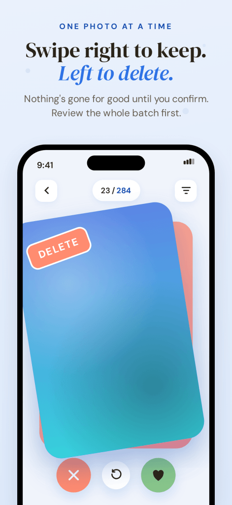 Bienchen app: a photo card with a red 'DELETE' stamp. Nothing is gone for good — you confirm everything at the end of the round.