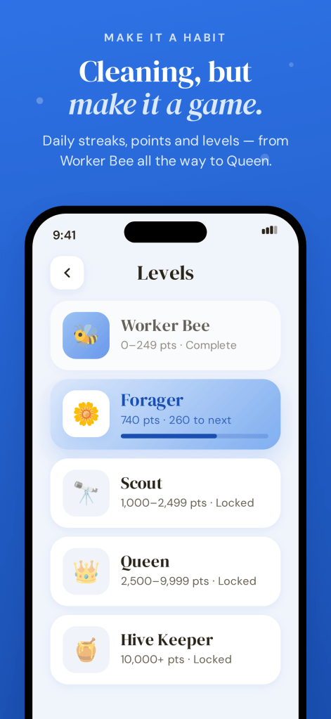 Bienchen app: a level list from worker bee to queen. Collect points, keep your streak, and level up.