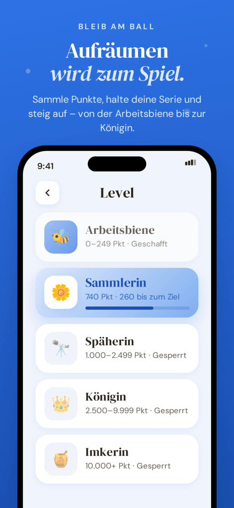 Bienchen-App: Level-Liste von der Arbeitsbiene bis zur Königin. Sammle Punkte, halte deine Serie und steig auf.
