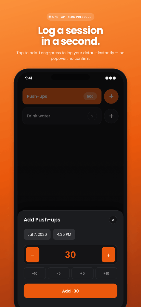 Nexter's log sheet for Push-ups with date, time, a value of 30, and quick-adjust buttons from −10 to +10.