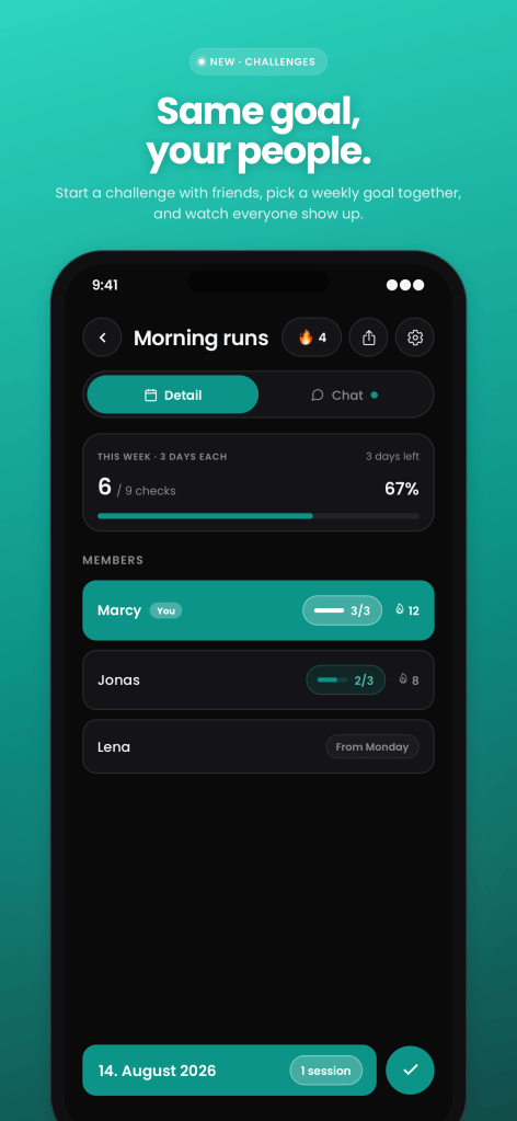 Nexter challenge "Morgenrunde" at 6 of 9 checks this week, with members Marcy, Jonas and Lena listed.