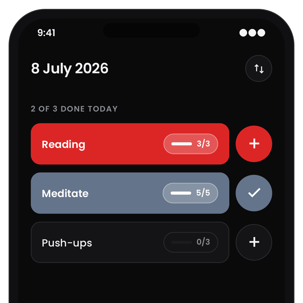 Nexter habit list for 8 July 2026, 2 of 3 done today: Reading 3/3, Meditate 5/5 checked off, Push-ups 0/3 open.