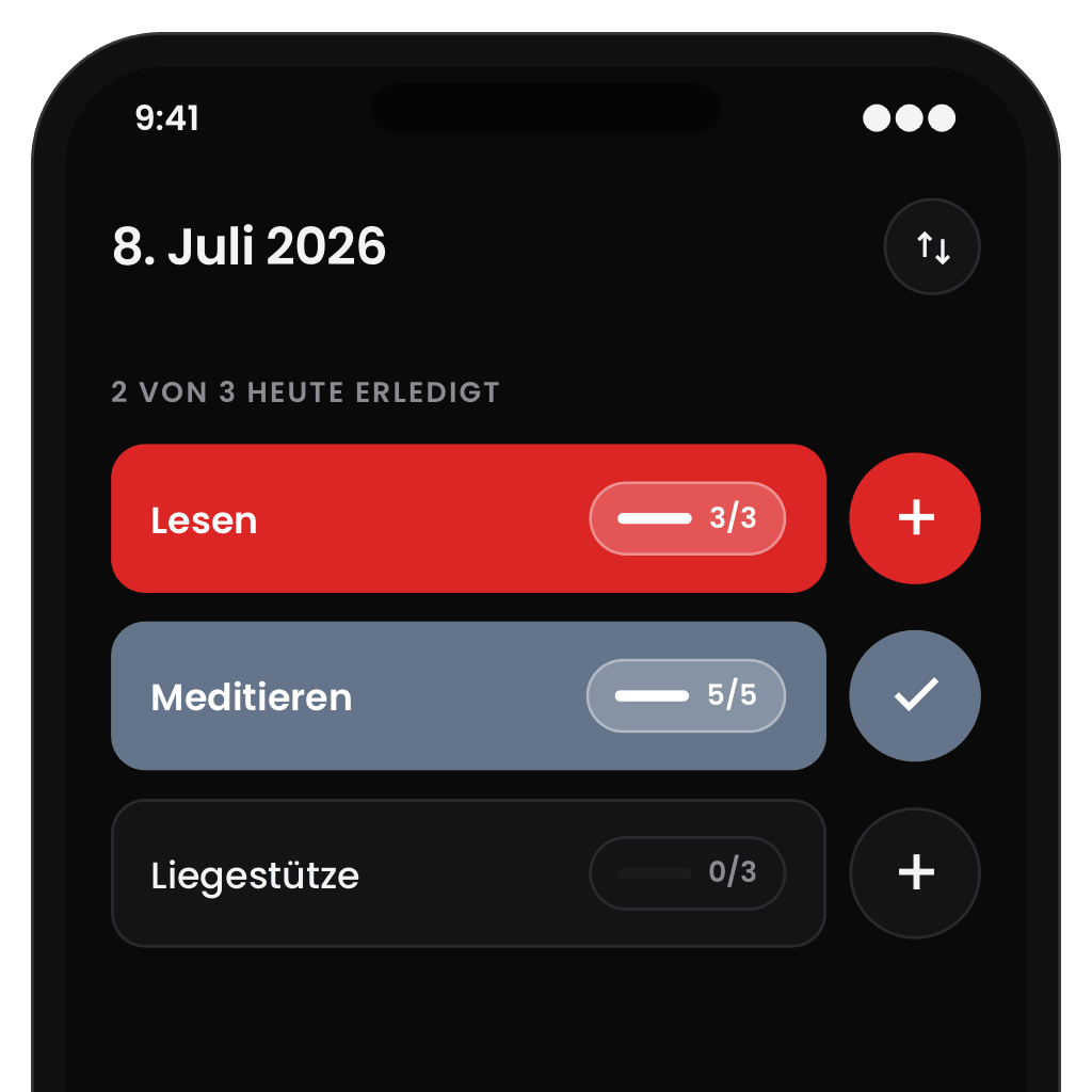 Nexter Habit-Liste vom 8. Juli 2026, 2 von 3 heute erledigt: Lesen 3/3, Meditieren 5/5 abgehakt, Liegestütze 0/3 offen.