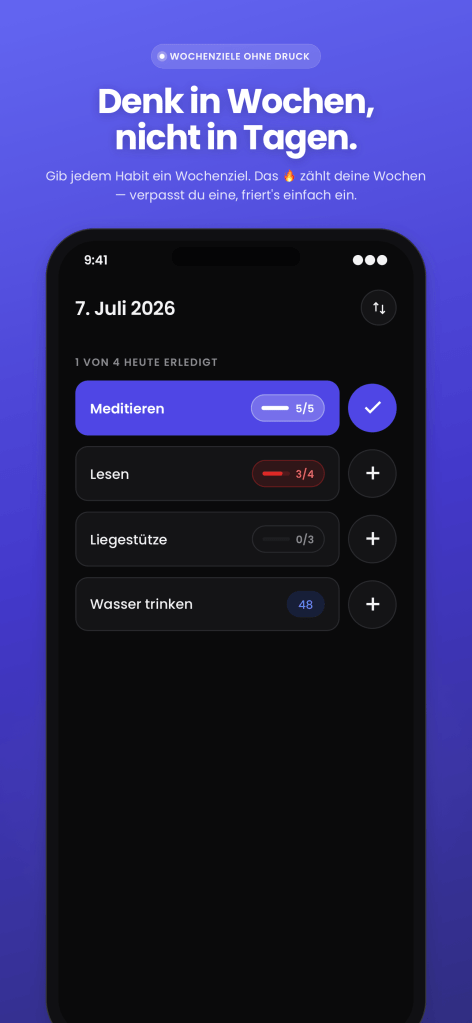 Nexter Habit-Liste vom 7. Juli 2026 mit vier Habits — Meditieren 5/5 erledigt, Lesen 3/4, Liegestütze 0/3 und Wasser trinken.