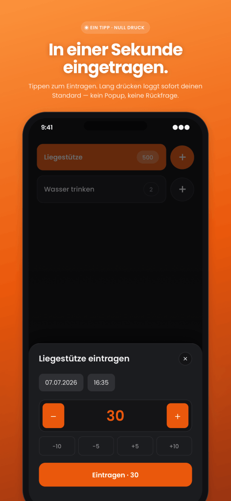 Eingabefeld „Liegestütze eintragen" in Nexter mit Datum, Uhrzeit, Wert 30 und Schnellwahl-Buttons von −10 bis +10.