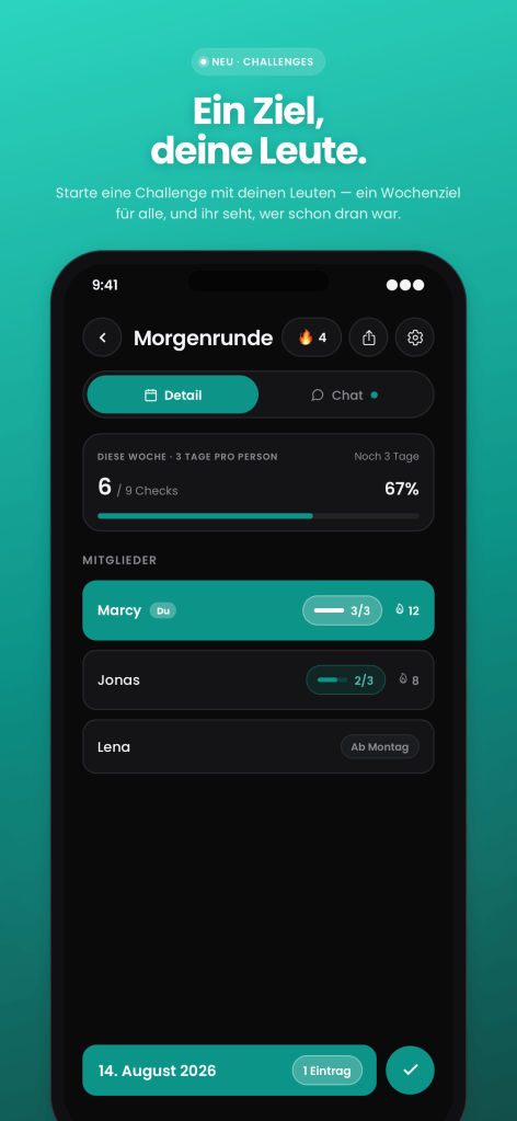 Nexter Challenge „Morgenrunde" mit 6 von 9 Checks diese Woche und den Mitgliedern Marcy, Jonas und Lena.
