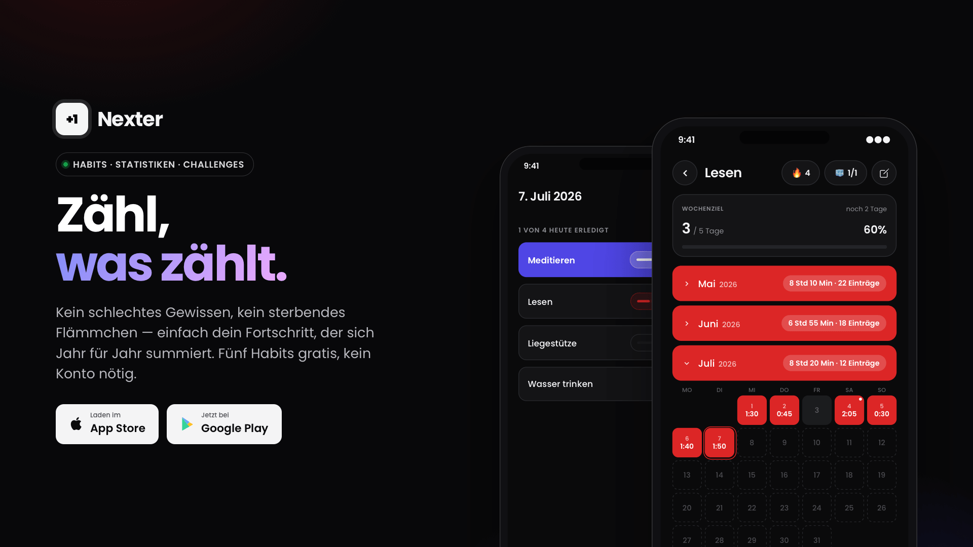 Nexter Startbild mit App-Icon, Slogan „Zähl, was zählt.", App-Store- und Google-Play-Buttons und zwei Screenshots.
