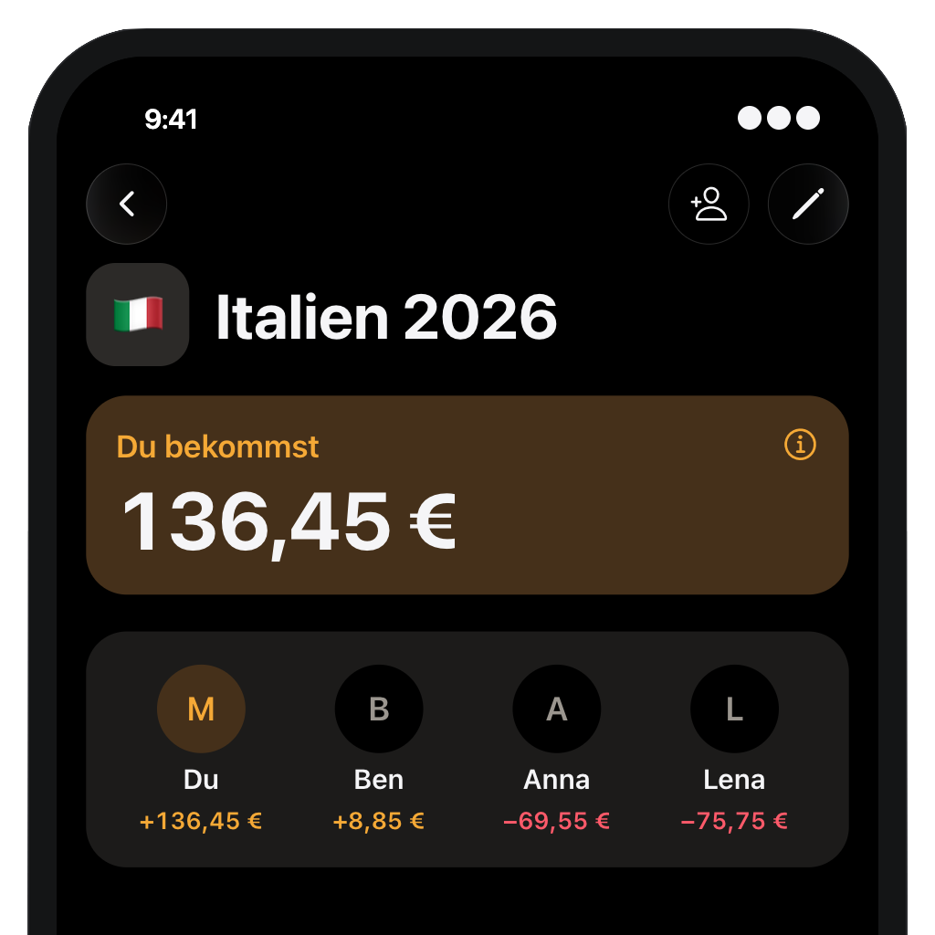 iPhone mit der Niffl-App: Gruppe „Italien 2026“, Guthaben von 136,45 € und die Salden von vier Personen.