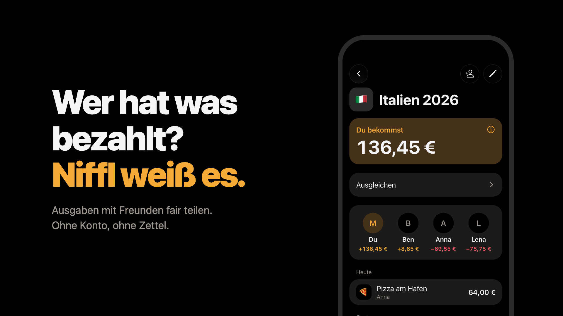 Niffl-Banner mit der Überschrift „Wer hat was bezahlt? Niffl weiß es.“ und einem iPhone, das eine Reisegruppe mit geteilten Ausgaben zeigt.