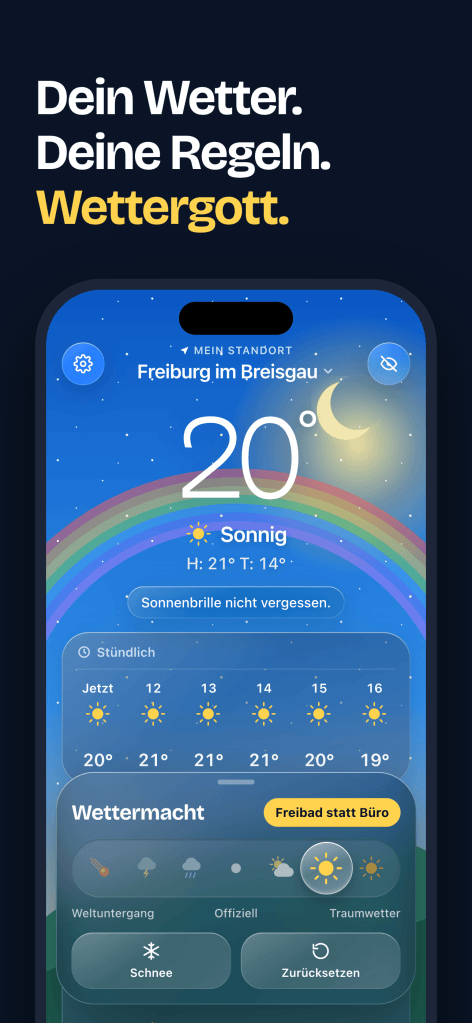 Screenshot der Wettergott-App mit der Überschrift „Dein Wetter. Deine Regeln. Wettergott.“ Der Regler steht auf +78 % besser, der Himmel ist strahlend blau und die Vorhersage zeigt Sonne.