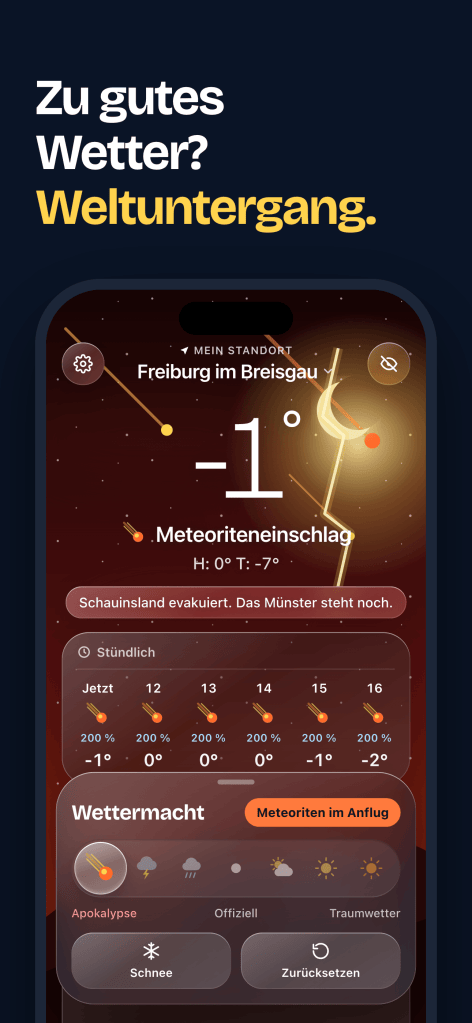 Screenshot mit der Überschrift „Zu gutes Wetter? Weltuntergang.“ Der Regler steht weit im Minus, der Himmel ist glutrot und die App meldet einen Meteoriteneinschlag.