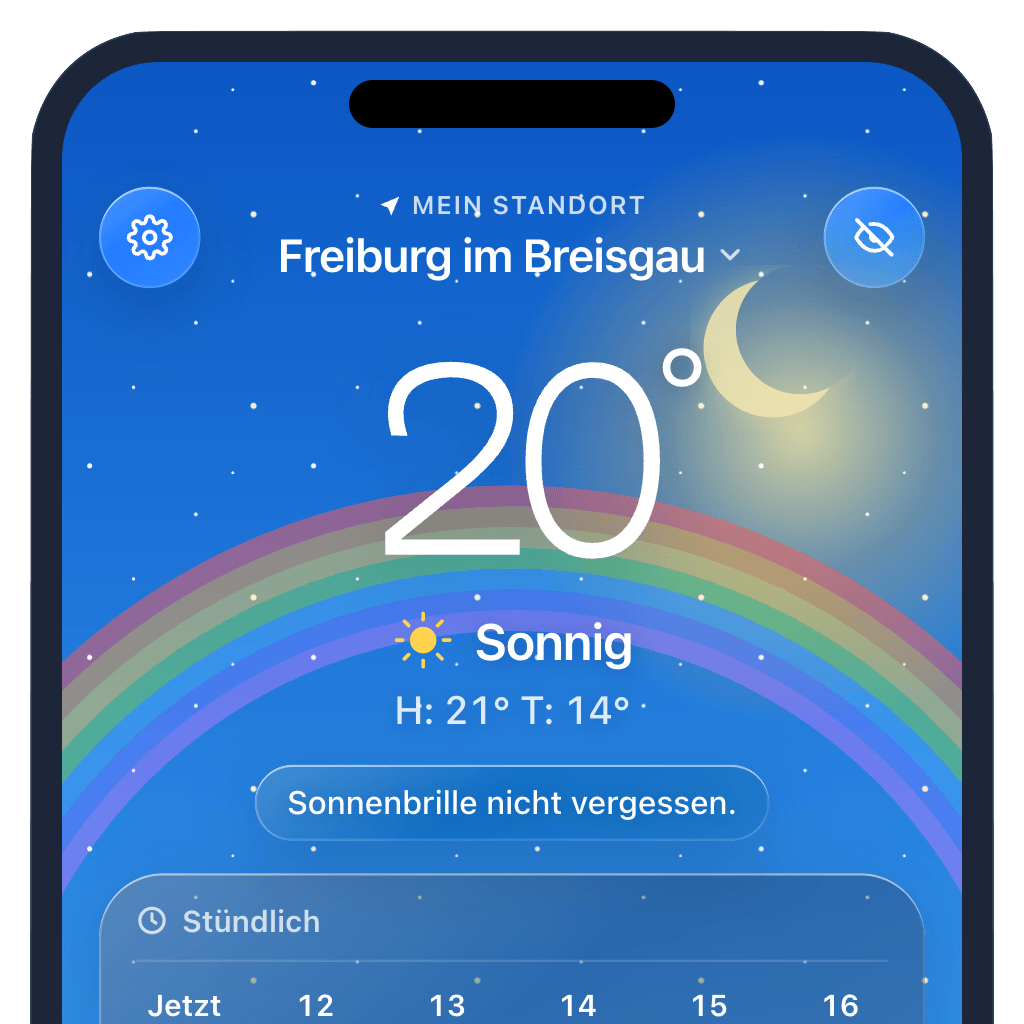 Wettergott-App auf dem iPhone: sonniger Himmel, Traumwetter und der Wetter-Regler unten im Bild.